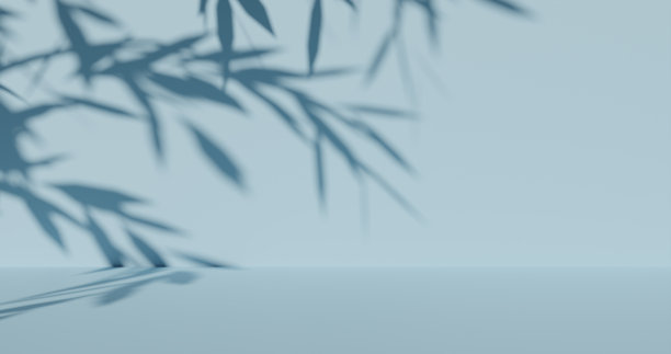 树叶在蓝色墙壁上模糊的影子。三维渲染图片下载