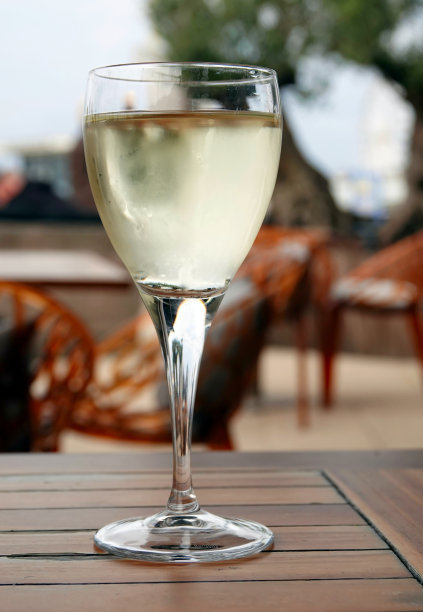 一张背景模糊的户外木桌上放着一杯冰镇白葡萄酒的垂直照片。图片下载