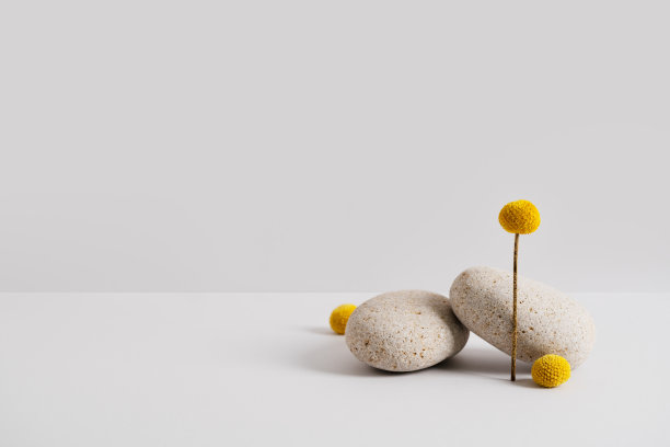 空石讲台和黄色的花在浅灰色的背景。生态背景。圆形的天然岩石和花朵。抽象的底座或陈列柜。最小的侘寂。冥想和平衡的概念。本空间图片下载