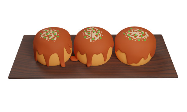 章鱼烧是日本街头小吃，里面有章鱼、香肠或奶酪。三维渲染图片下载