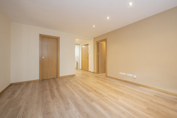 一间公寓的空客厅，铺有浅色橡木强化地板，通往几个带有浅色橡木门的房间图片下载