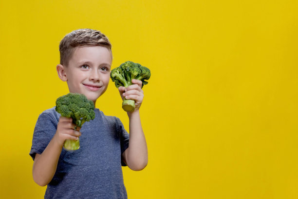 健康的食物，绿色的蔬菜西兰花在一个快乐的男孩手中。在黄色背景上图片下载