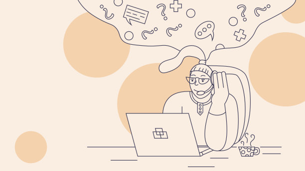 孟菲斯风格抽象女孩戴耳机在笔记本电脑上沟通矢量轮廓插图图片下载