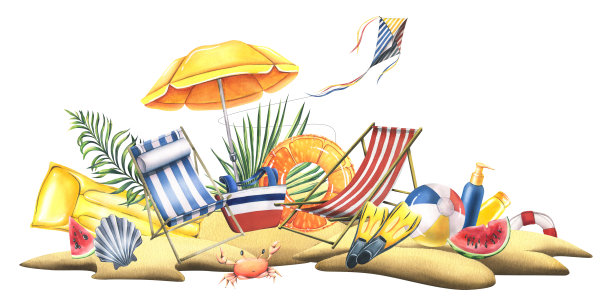 海边沙滩上有太阳躺椅，充气玩具，遮阳伞，热带棕榈叶。水彩插图，手绘。白色背景的构图，适用于卡片、海报、沙滩和夏季图片下载