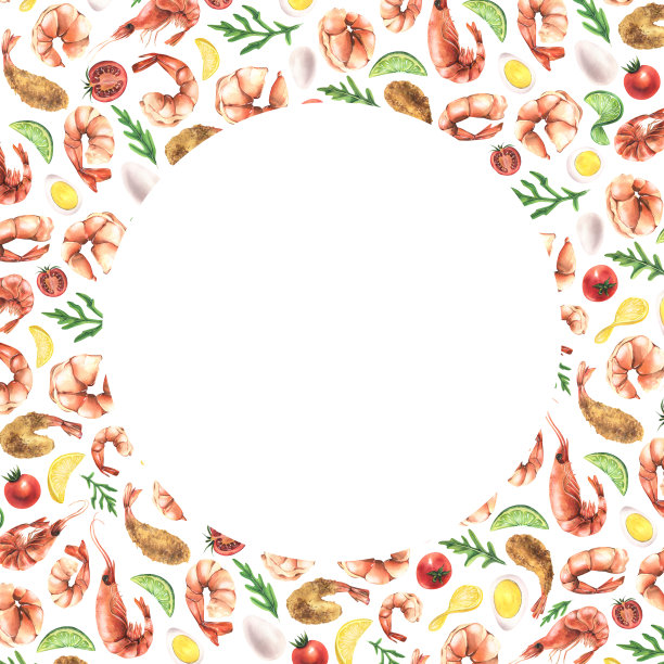 圆形框架空模板与白色背景的文字，信息与虾，绿色，蔬菜和鸡蛋。水彩插图手绘。菜单，食谱，烹饪。图片下载