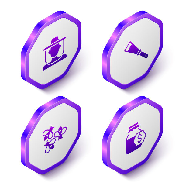 集等距养蜂人与保护帽，养蜂刀，蜜蜂和销售罐蜂蜜图标。紫色六边形按钮。向量图片下载