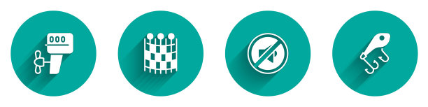 设置船外马达，渔网图案，静音扬声器和长阴影诱饵图标。向量图片下载