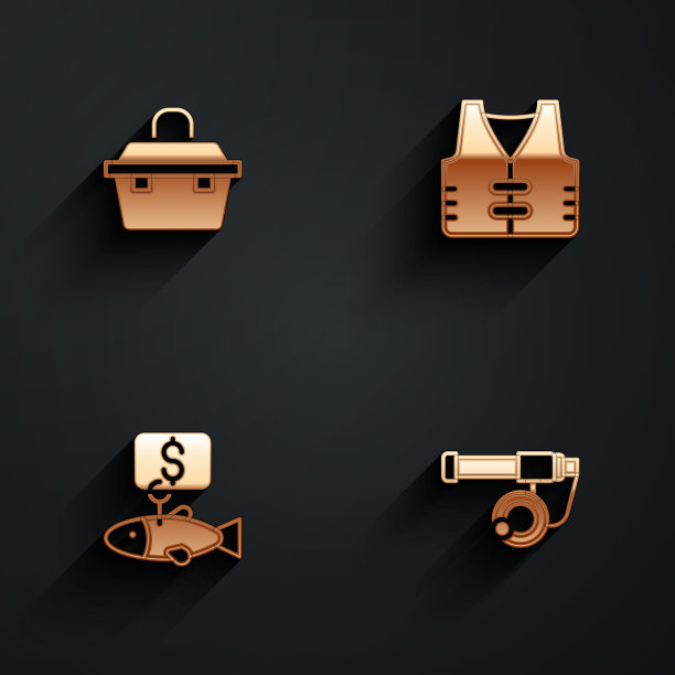 集案或盒钓鱼设备，钓鱼夹克，价格标签和杆图标长阴影。向量图片下载