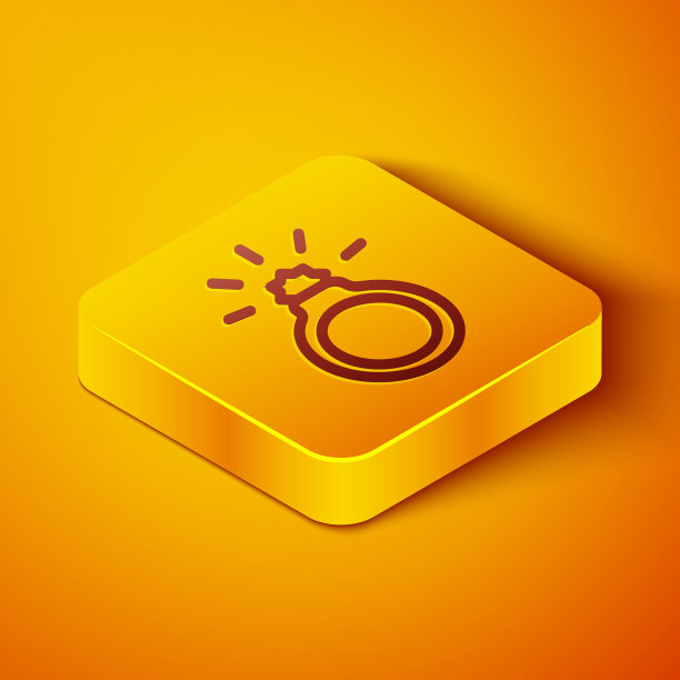 等距线钻石订婚戒指图标孤立的橙色背景。黄色方形按钮。向量图片下载