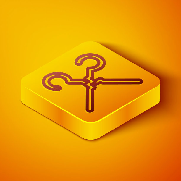 等距线烧烤串图标隔离在橙色背景。串肉串。烤肉野餐。黄色方形按钮。向量图片下载