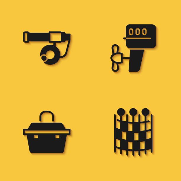 设置鱼竿，网图案，案件或盒子为钓鱼设备和舷外船电机图标长阴影。向量图片下载