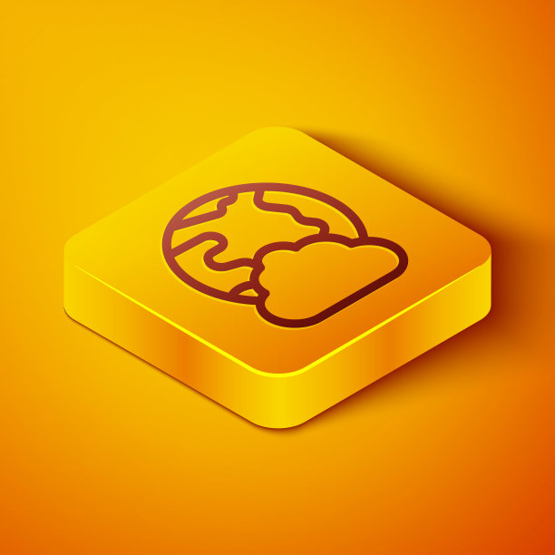 全球技术或社交网络图标隔离在橙色背景。黄色方形按钮。向量图片下载