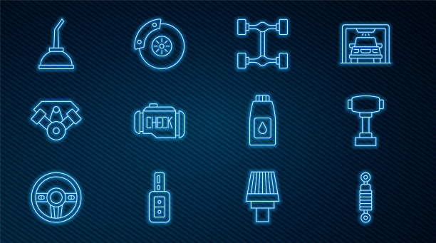 设置生产线减震器，换档器，底盘汽车，检查发动机，电源，机油罐，汽车制动盘与卡钳图标。向量图片下载