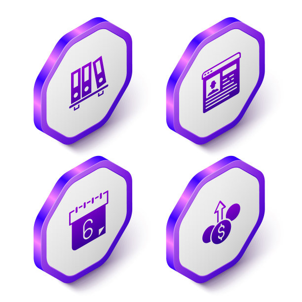 设置等距办公文件夹，简历，日历和财务增长美元图标。紫色六边形按钮。向量图片下载