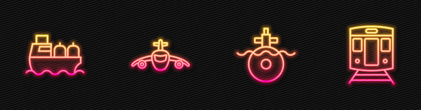 经营潜艇、油船、飞机、火车、铁路。发光的霓虹灯图标。向量图片下载