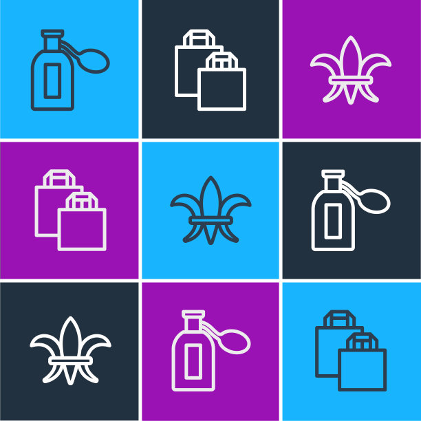 集线香水，芙蓉德丽丝和纸购物袋图标。向量图片下载