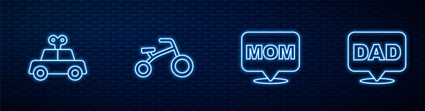 语音泡泡妈妈，玩具车，自行车为孩子和爸爸。砖墙上发光的霓虹灯图标。向量图片下载