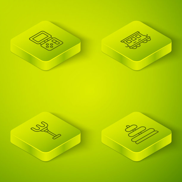 集等距线旅客列车车厢玩具、拉杆、金字塔和俄罗斯方块等电子游戏图标。向量图片下载