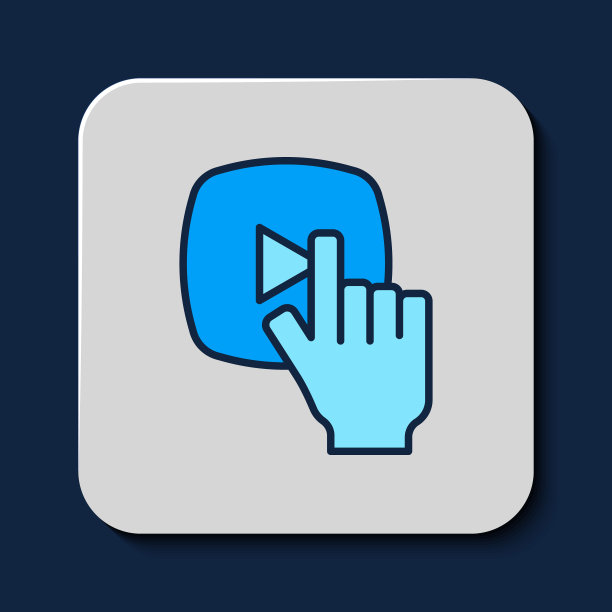 填充轮廓在线播放视频图标孤立的蓝色背景。带游戏标志的胶片条。向量图片下载