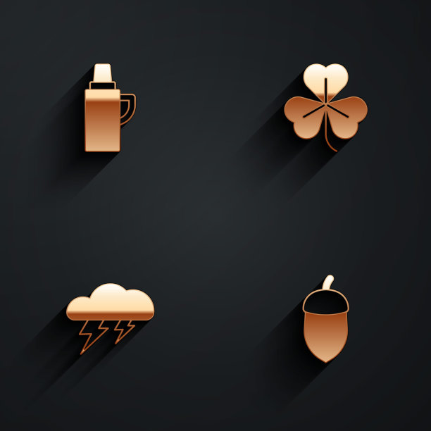 集保温瓶容器，三叶草，云和闪电和橡子图标与长阴影。向量图片下载