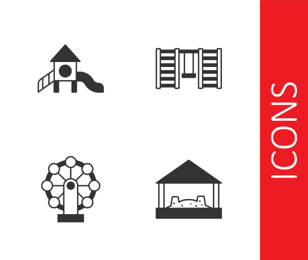 设置沙盒与沙子，滑梯游乐场，摩天轮和瑞典墙图标。向量图片下载