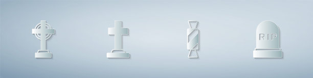 设置墓碑与十字架，糖果和RIP写。纸艺风格。向量图片下载