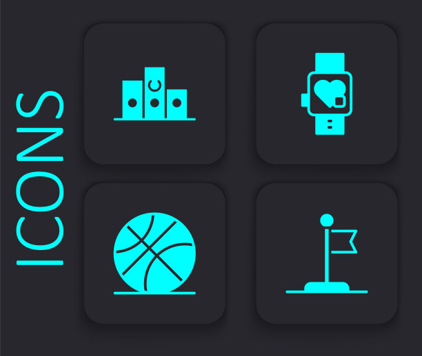 设置国旗，奖项超过体育冠军领奖台，智能手表与心脏和篮球图标。黑色方形按钮。向量图片下载