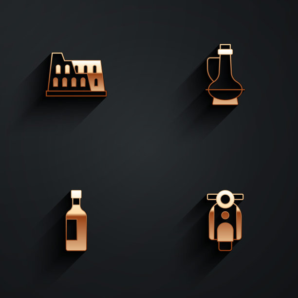 集体育馆，一瓶橄榄油，葡萄酒和摩托车图标与长阴影。向量图片下载