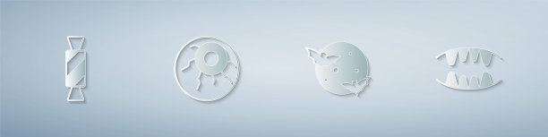 设置糖果，眼睛，月亮星星和吸血鬼牙齿。纸艺风格。向量图片下载