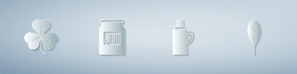 设置苜蓿，果酱罐，保温瓶和叶子。纸艺风格。向量图片下载