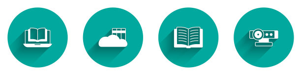 设置在线课程，云或在线图书馆，打开书籍和长阴影的网络相机图标。向量图片下载