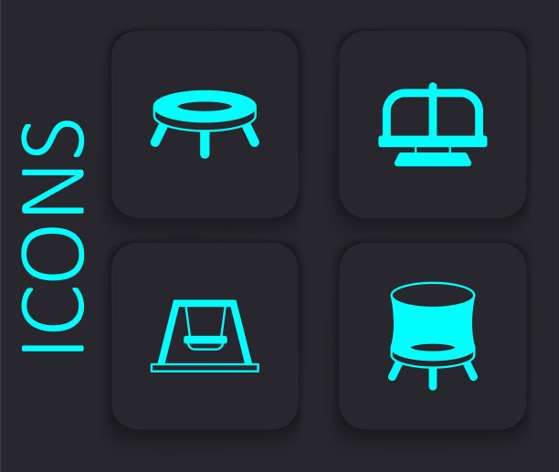 设置跳跃蹦床，吸引旋转木马和秋千为孩子们的图标。黑色方形按钮。向量图片下载