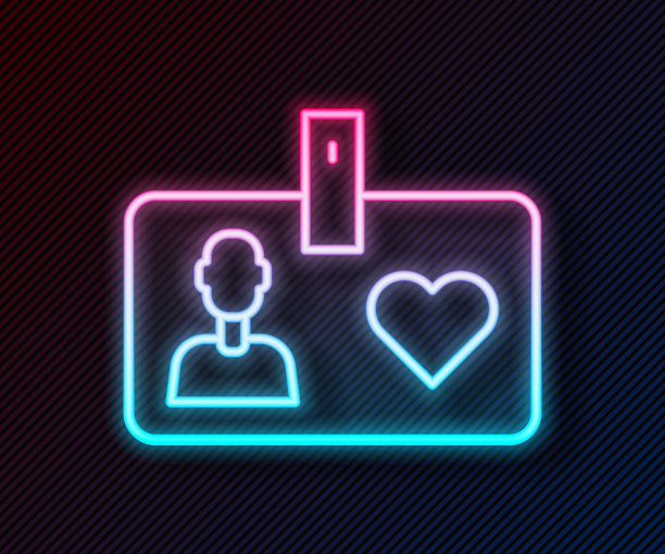 发光的霓虹灯线识别卡志愿者图标孤立的黑色背景。志愿者身份证或胸章。向量图片下载