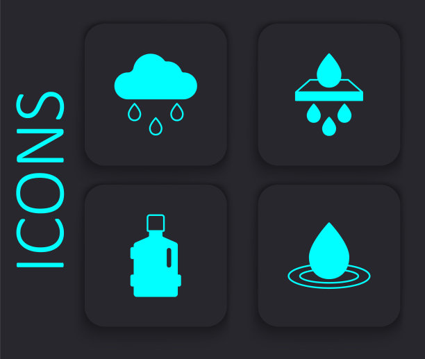 设置水滴，云与雨，过滤筒和大瓶清洁水图标。黑色方形按钮。向量图片下载