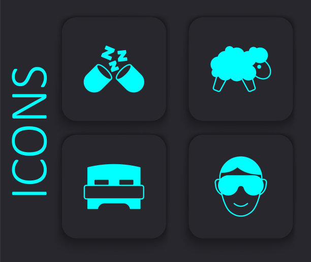 设置眼罩，安眠药，绵羊和大床图标。黑色方形按钮。向量图片下载