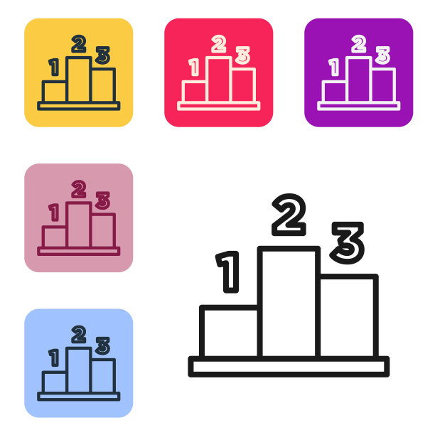 黑线奖项超过体育冠军领奖台图标孤立在白色背景。设置图标为彩色方形按钮。向量图片下载