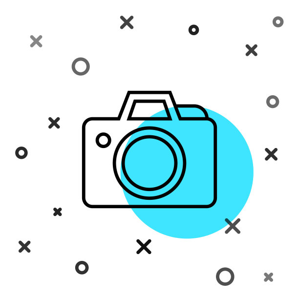 黑线照片相机图标孤立在白色背景。摄影相机图标。随机动态形状。向量图片下载