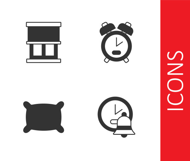 设置闹钟，带窗帘的窗户，枕头和图标。向量图片下载