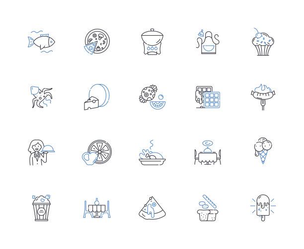 就餐线图标集合。自助餐，宴会，美食，晚餐，盛宴，食物，美食矢量和线性插图。午餐，正餐，餐盘轮廓标志设置图片下载