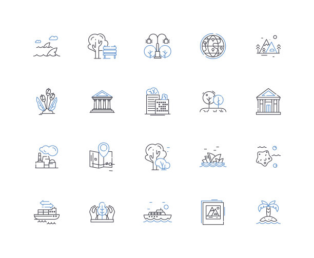 河流景观线性图标合集：宁静、倒影、湍流、荒野、风景、探险矢量线性插画，生物多样性、支流、水生轮廓标志图片下载