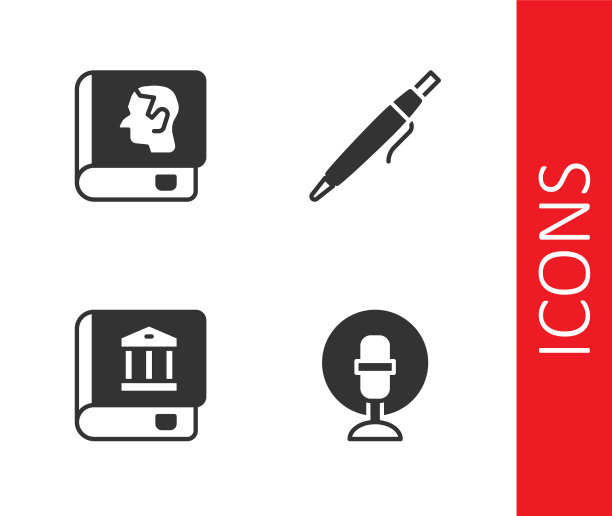 麦克风、法律书籍和笔图标矢量素材图片下载