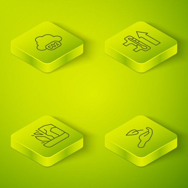 设定等距线全球变暖，冰川融化，发芽手和二氧化碳排放云图标。向量图片下载