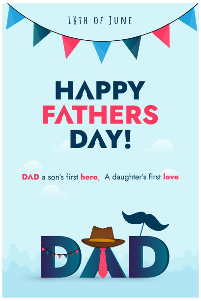 祝父亲节快乐。印有领带、帽子和胡子的世界父亲节海报。社交媒体上的父亲节祝福垂直横幅图片下载