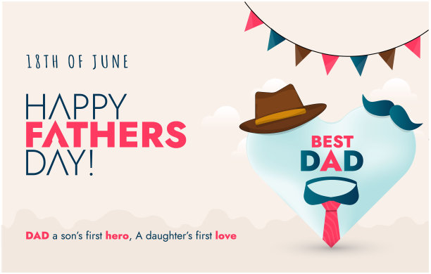 祝您父亲节快乐。父亲节快乐活动贺卡有蓝色领带，帽子，胡子和背景。父亲节庆祝意识贴。爸爸和家人的爱。爸爸推广模板图片下载