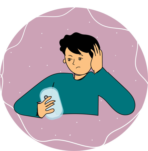 小男孩拿着手机——卡通学龄儿童看着智能手机屏幕阅读。平面矢量插图孤立的紫色背景。图片下载