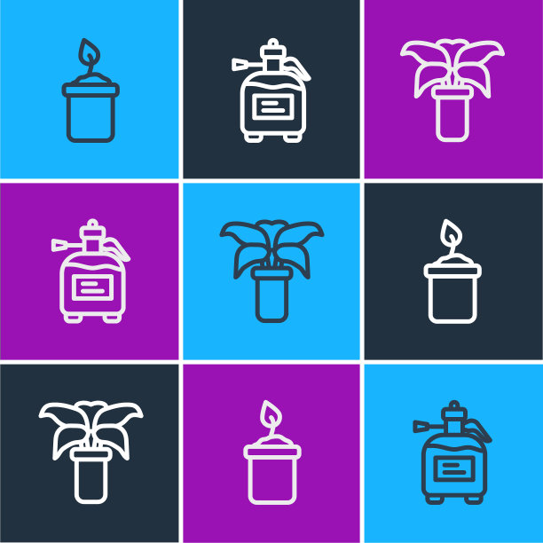 设置线芽瓶，异国热带盆栽和花园喷雾器的肥料图标。向量图片下载