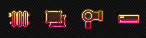 配套电吹风，暖气片，枕头，空调。发光的霓虹灯图标。向量图片下载