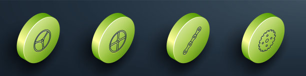 设置等距线自行车车轮、链条和链轮曲柄图标。向量图片下载