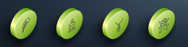 集等距线羽毛笔，燃烧的蜡烛，项链与水晶和魔术球图标。向量图片下载