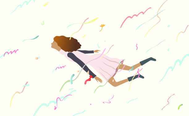 女孩的梦想。矢量插图的女人在天空中飞行。概念艺术的自由与灵感。概念艺术作品图片下载